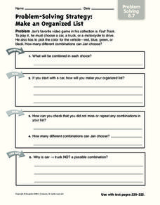 Problem-Solving Strategy: Make an Organized List Worksheet