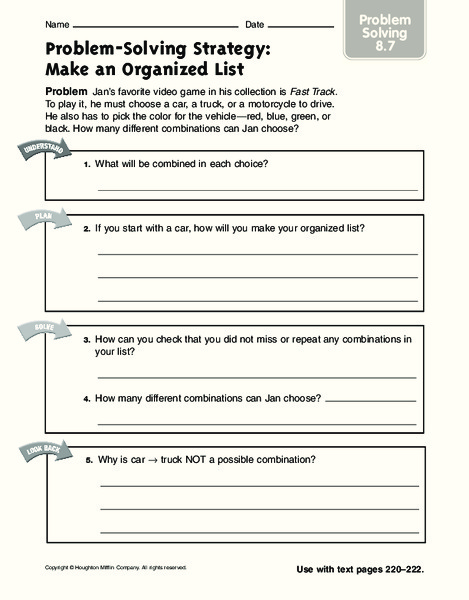 Problem-Solving Strategy: Make an Organized List Worksheet