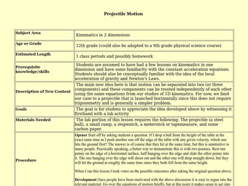 Projectile Motion Lesson Plan