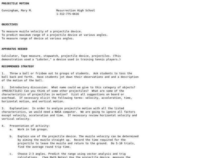 PROJECTILE MOTION Lesson Plan