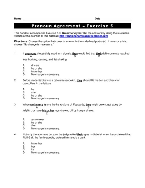 Pronoun Agreement Worksheet