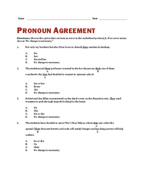 Pronoun Agreement Worksheet