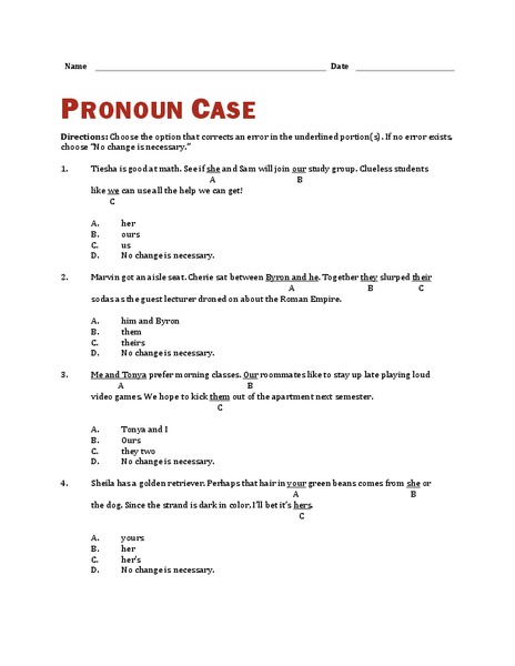 Pronoun Case Worksheet