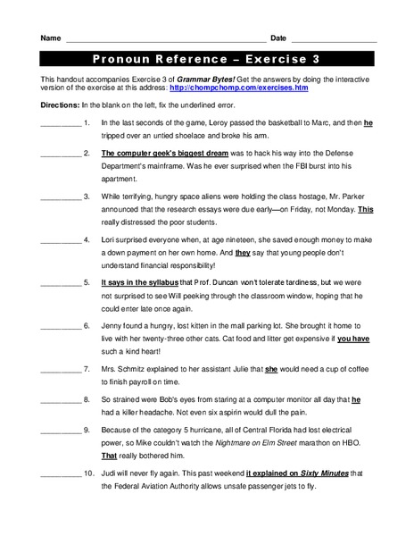 Pronoun Reference Worksheet