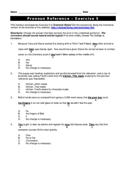 Pronoun Reference Worksheet