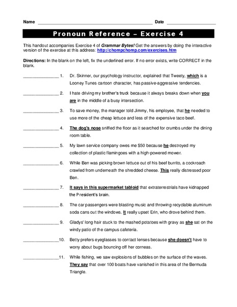 Pronoun Reference Worksheet