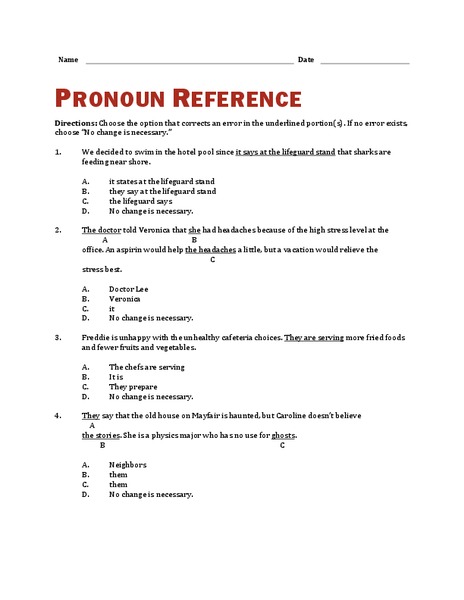 Pronoun Reference Worksheet