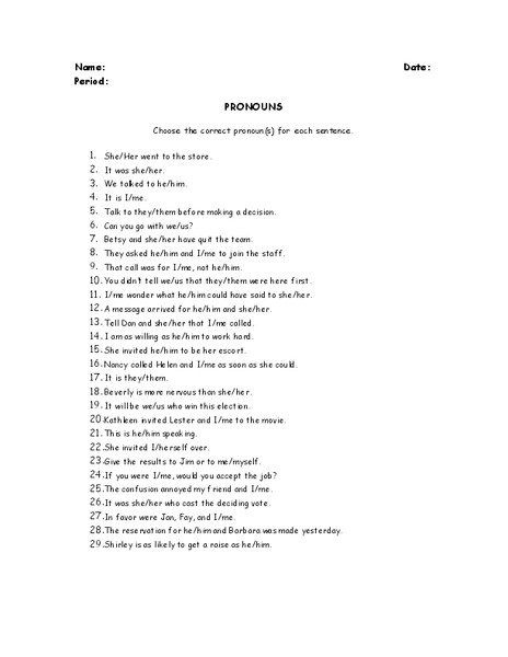 Pronouns Worksheet