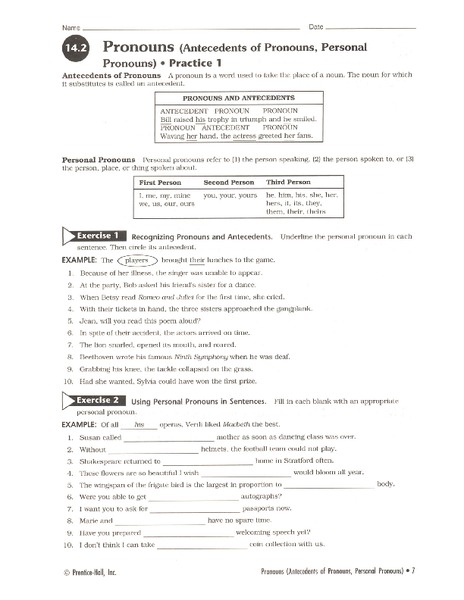 Pronouns (Antecedents of Pronouns, Personal Pronouns) Worksheet