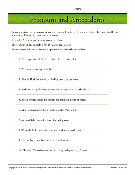 Pronouns and Antecedents Worksheet