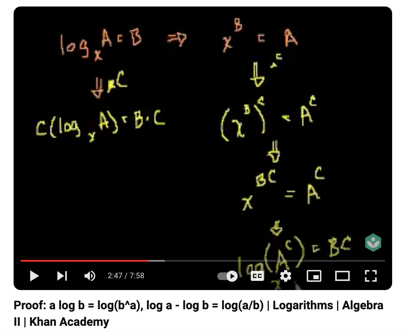 Proof: A(logB) = log (B^A), log A - log B = log (A/B) Instructional Video