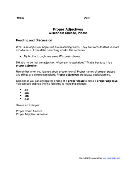 Proper Adjectives Worksheet