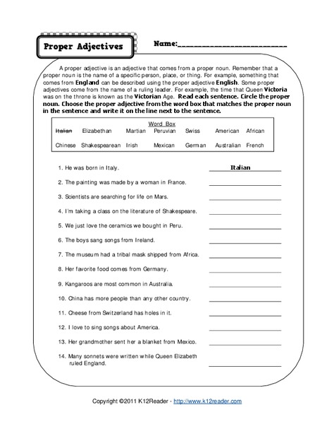 Proper Adjectives Worksheet