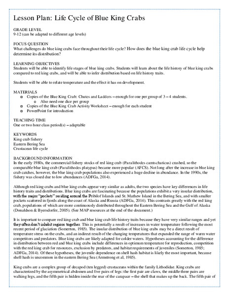 Life Cycle of Blue King Crabs Lesson Plan