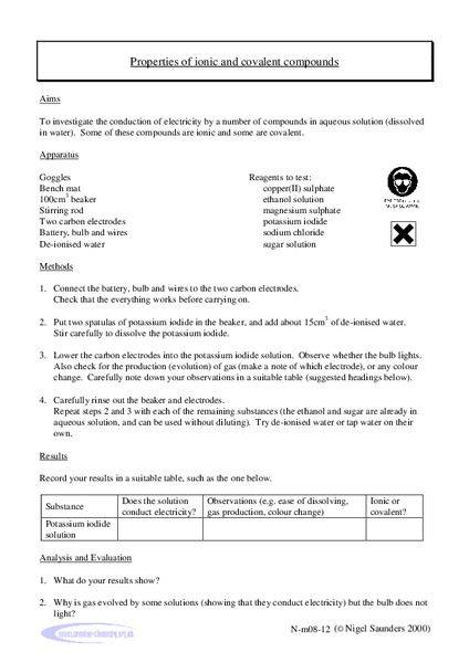 Properties of Ionic and Covalent Compounds Worksheet