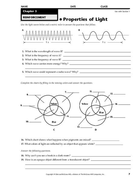 Properties of Light Worksheet