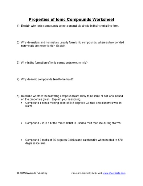 Properties of Ionic Compounds Worksheet