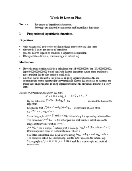 Properties of Logarithmic Functions Lesson Plan