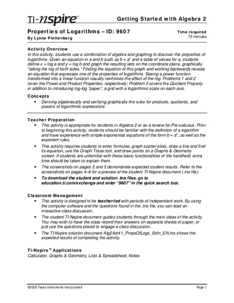 Properties of Logarithms Lesson Plan