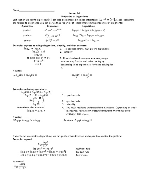 Properties of Logarithms Worksheet