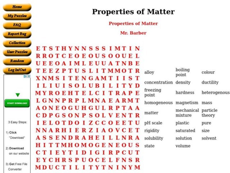 Properties of Matter Worksheet