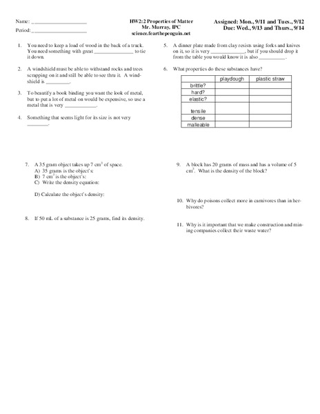 Properties of Matter Worksheet