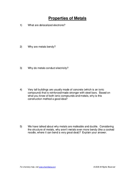 Properties of Metals Worksheet