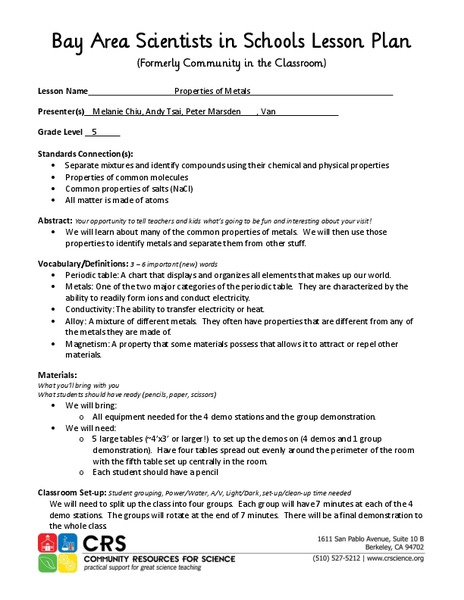 Properties of Metals Lesson Plan