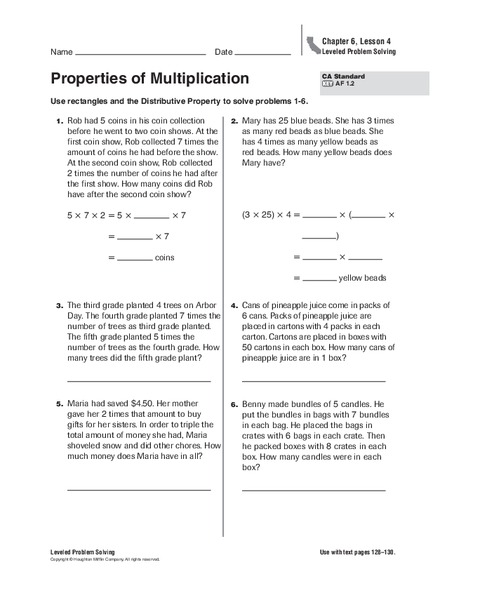 Properties of Multiplication Worksheet