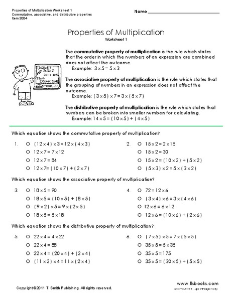 Properties of Multiplication Worksheet