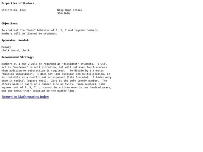 Properties of Numbers Lesson Plan