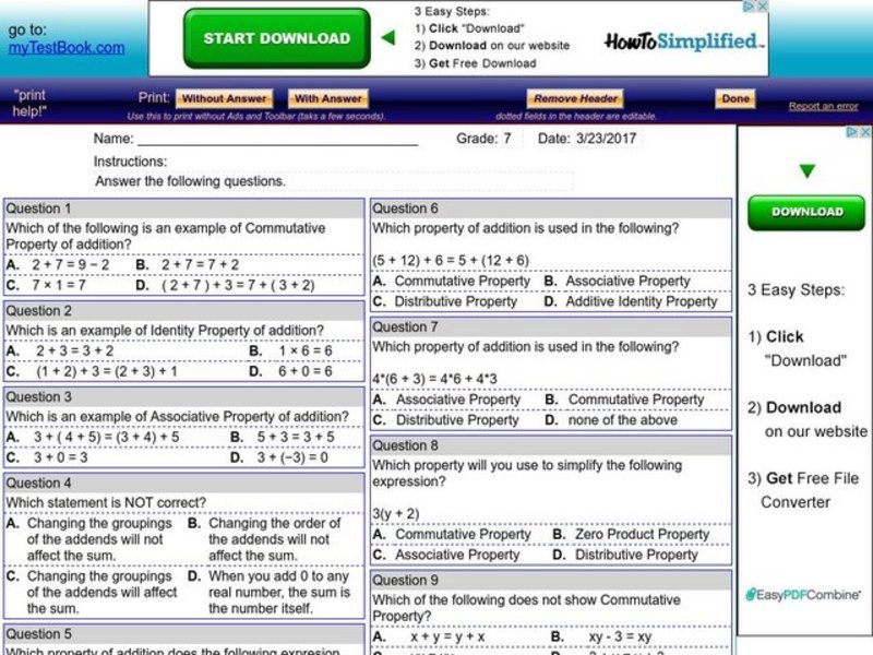 Properties of Numbers Worksheet