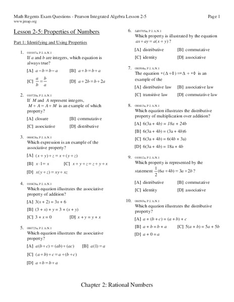 Properties of Numbers Worksheet