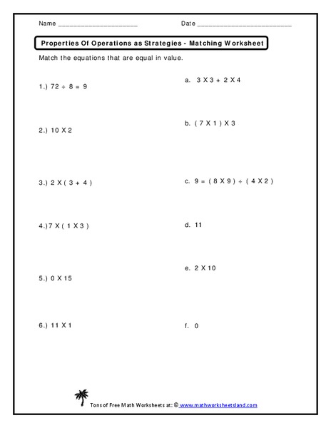 Properties of operations as Strategies Worksheet