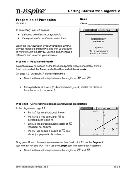 Properties of Parabolas Lesson Plan