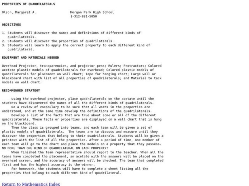 PROPERTIES OF QUADRILATERALS Lesson Plan