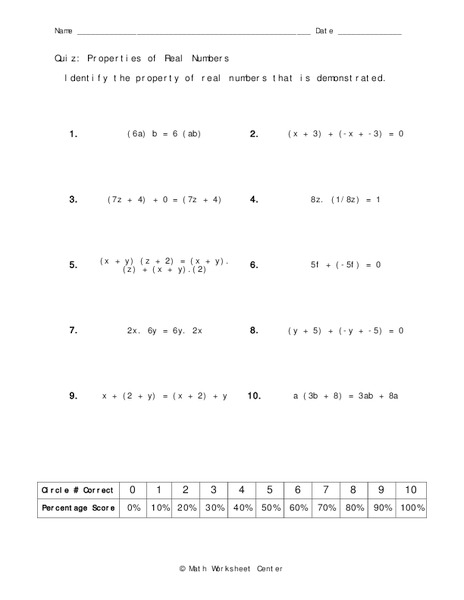 Properties of Real Numbers Worksheet