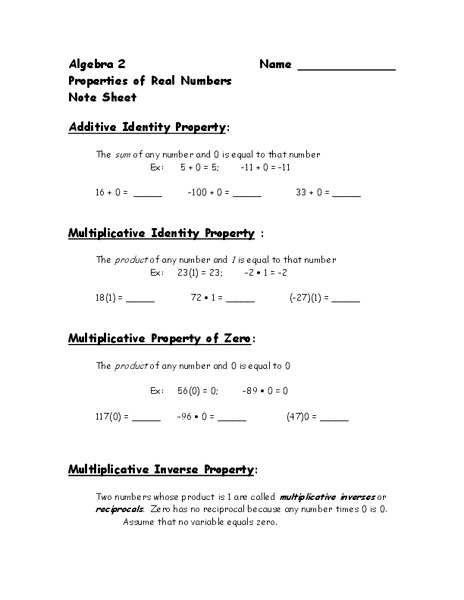 Properties of Real Numbers Worksheet