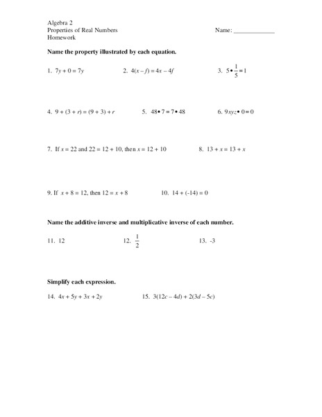 Properties of Real Numbers Worksheet