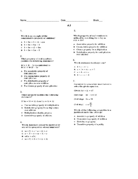 Properties of Real Numbers Worksheet