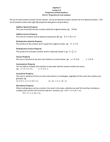 Properties of Real Numbers Worksheet