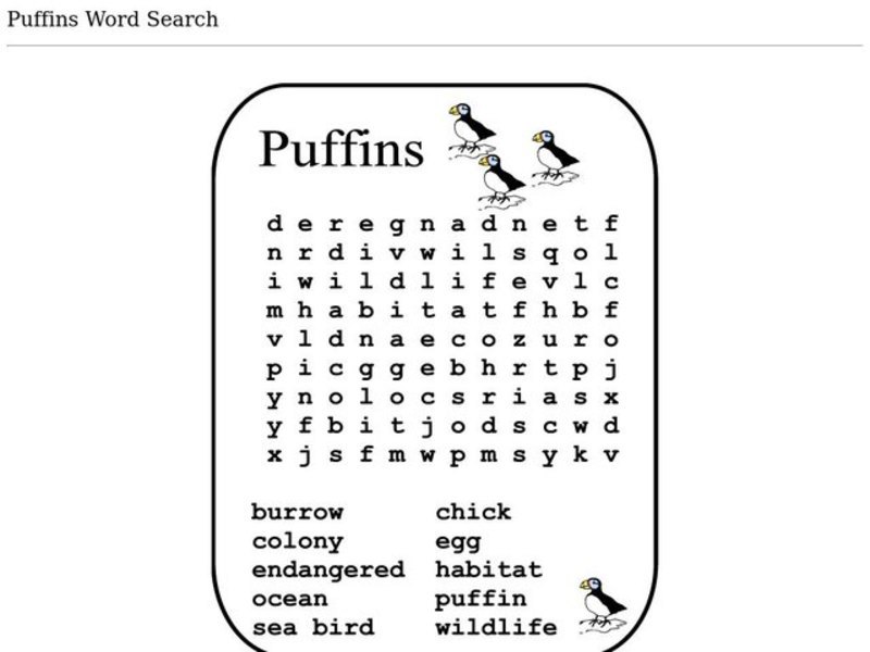 Puffins Word Search Worksheet