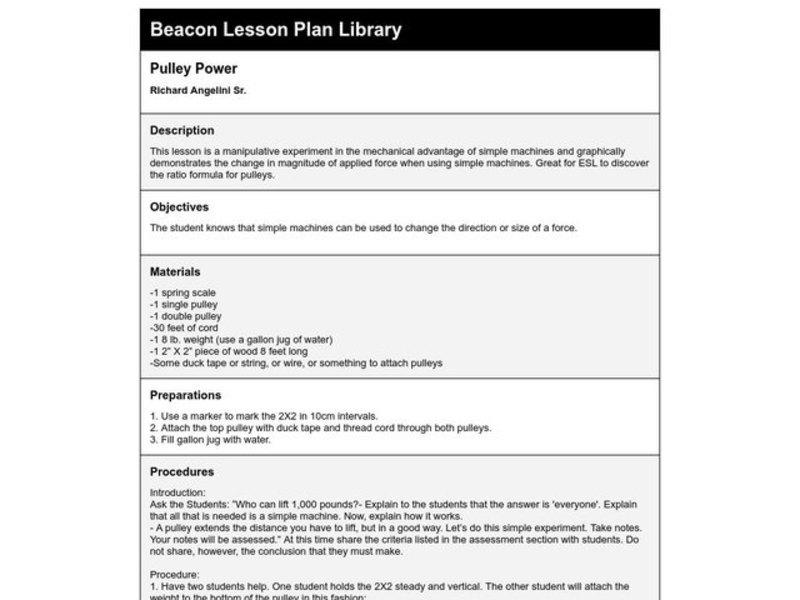 Pulley Power Lesson Plan