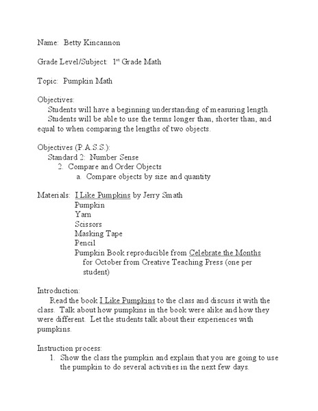 Pumpkin Math Lesson Plan
