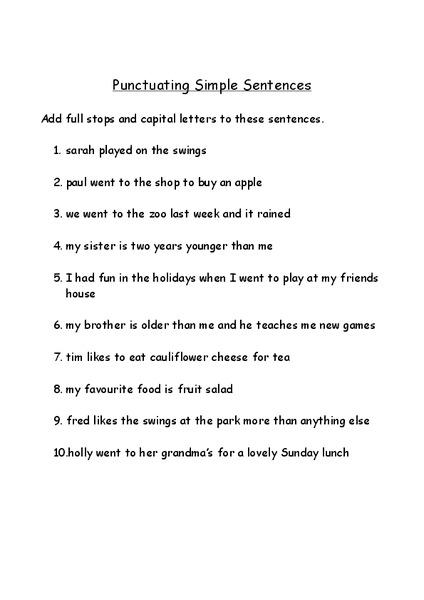 Punctuating Simple Sentences Worksheet