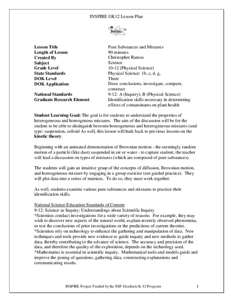 Pure Substances and Mixtures Lesson Plan