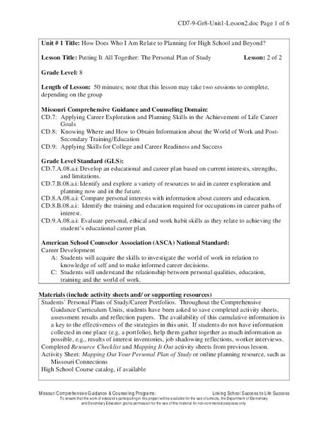 Putting It All Together: The Personal Plan of Study Lesson Plan