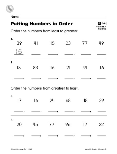 Putting Numbers in Order Worksheet