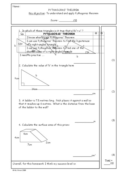 Pythagoras' Theorem Worksheet