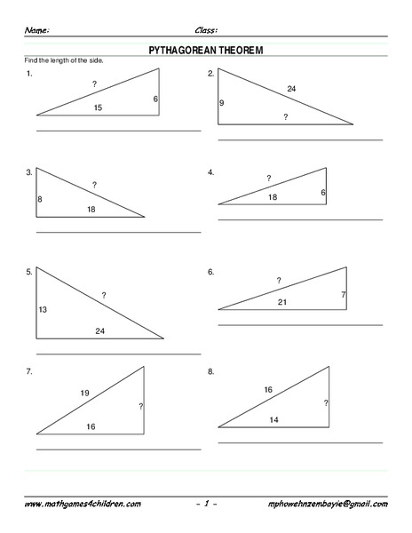 Pythagorean Theorem Worksheet
